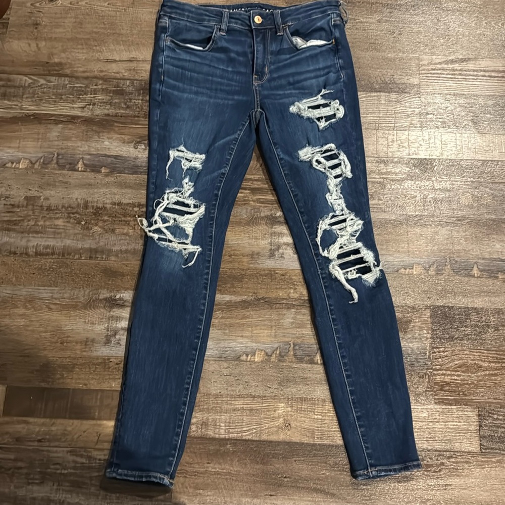 American Eagle Next Level Stretch Destructed Jeans with patches- Size 8R